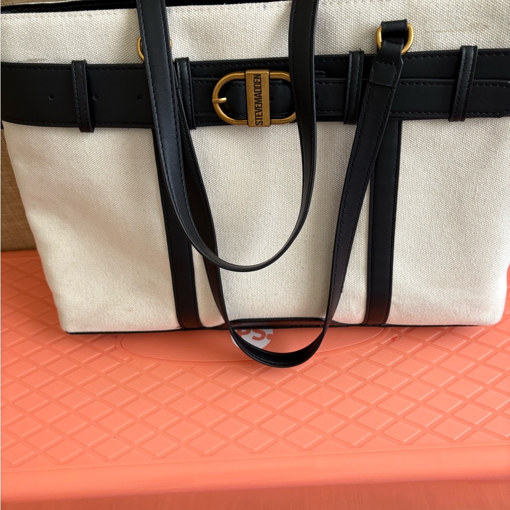 Steve Madden Black and Gold Accent Broy Buckles Tote